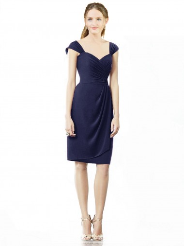 Knee Length Cap Sleeves Soft Chiffon Dark Navy Sheath Bridesmaid Dress Aberdeen