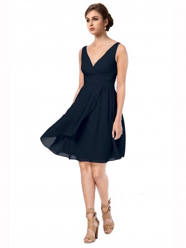 Knee Length Sleeveless Soft Chiffon Dark Navy V-Neck A-Line Bridesmaid Dress Aberdeen