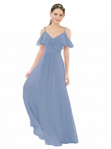 Long Cap Sleeves Lxue Chiffon Dusty Blue A-Line Bridesmaid Dress Aberdeen