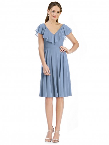 Cocktail Length Cap Sleeves Soft Chiffon Dusty Blue A-Line Bridesmaid Dress Aberdeen