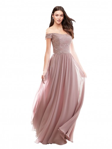 Long Cap Sleeves Soft Chiffon & Lace Pink A-Line Bridesmaid Dress Aberdeen