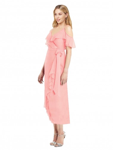 Cocktail Length Cold Shoulder Soft Chiffon Salmon Trumpet High Low Bridesmaid Dress Aberdeen