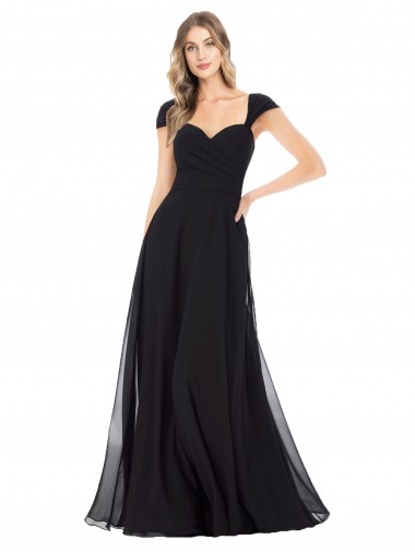 Long Cap Sleeves Soft Chiffon Black A-Line Bridesmaid Dress Aberdeen