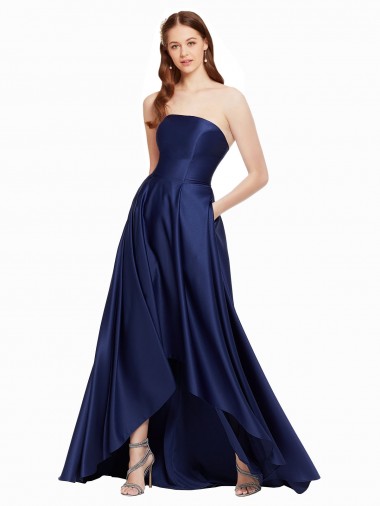 Long Sleeveless Satin Dark Navy A-Line High Low Evening Gown / Prom Dress / Bridesmaid Dress Aberdeen