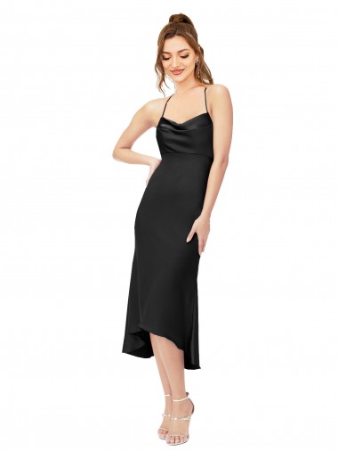 Midi Length Sleeveless Silk like Satin Black Sheath High Low Evening Gown / Prom Dress / Bridesmaid Dress Aberdeen