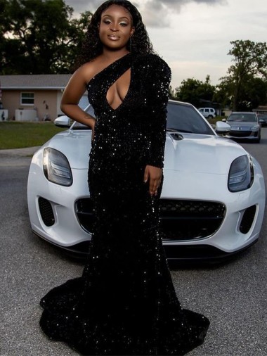 Sweep Train Long Sleeves Velvet Sequin Black One Shoulder Sheath Prom Dress Aberdeen