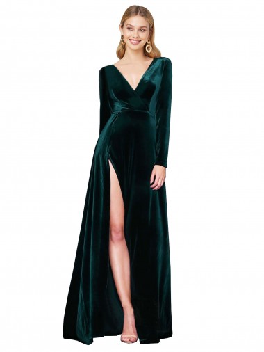 Sweep Train Long Sleeves Stretch Velvet Dark Green A-Line Black Tie Evening Gown / Prom Dress / Bridesmaid Dress Aberdeen